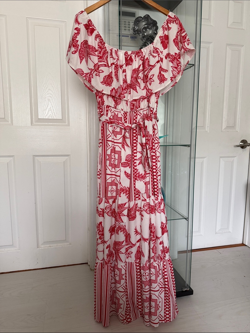 Red & White Off-Shoulder Printed Maxi Dress